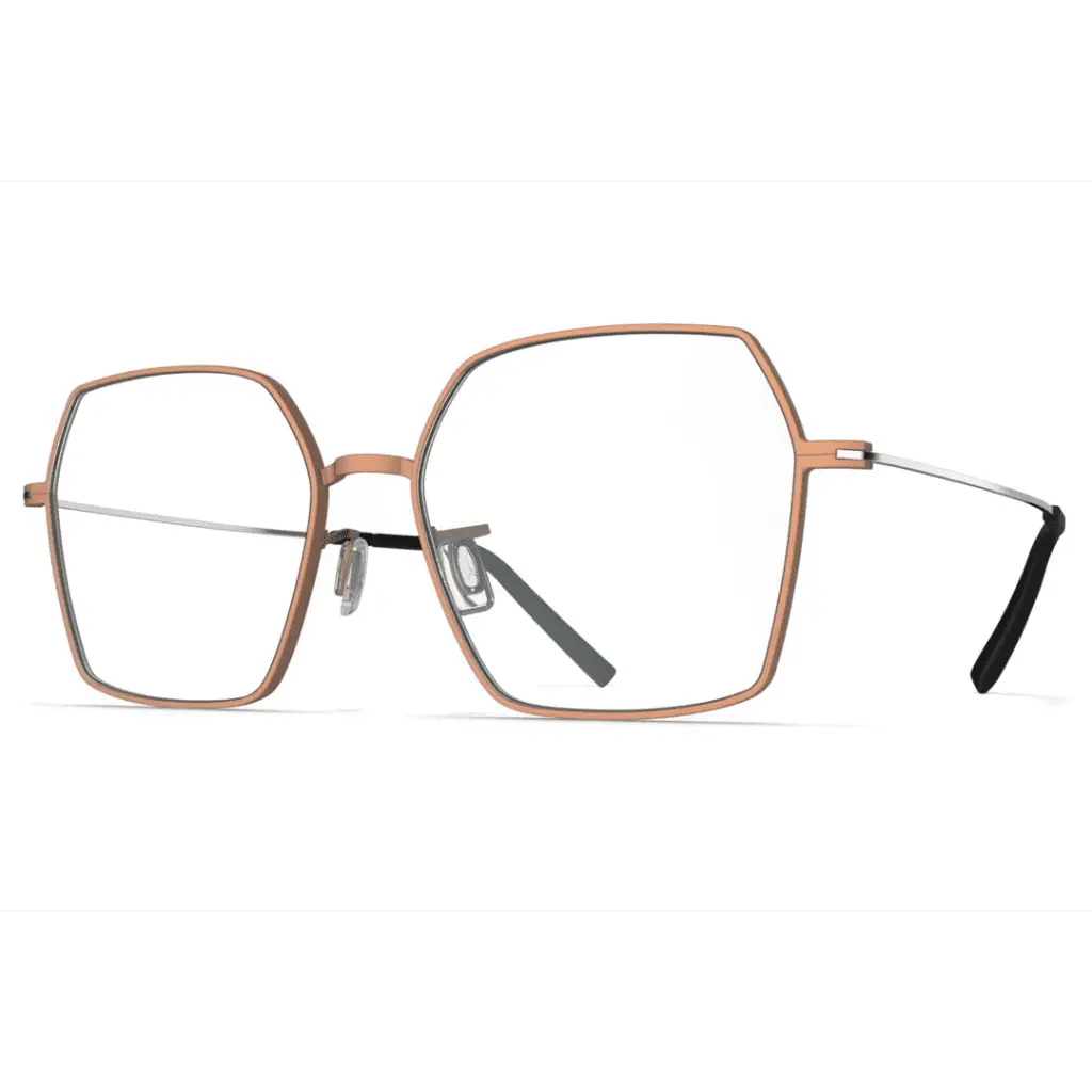 Moderne, große, eckige Brille in Kupfertönen.