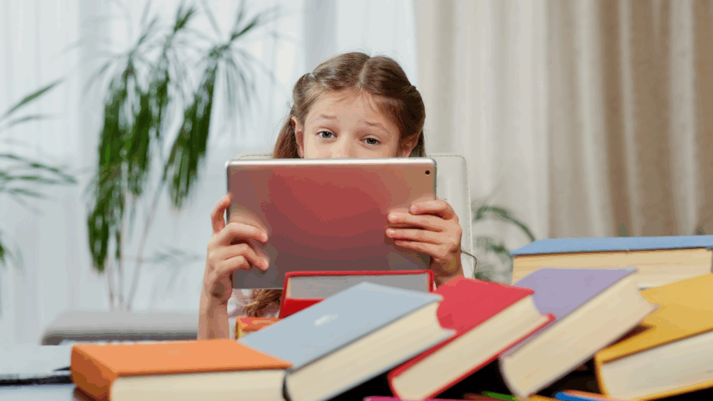 Kurzsichtigkeit bei Kindern - Warnsignale beachten. Mädchen hat Probleme mit Lesen