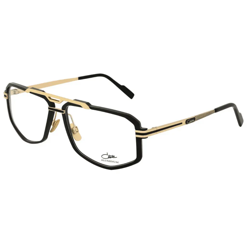 Designerbrille mit schwarzem Rahmen und goldenen Details.