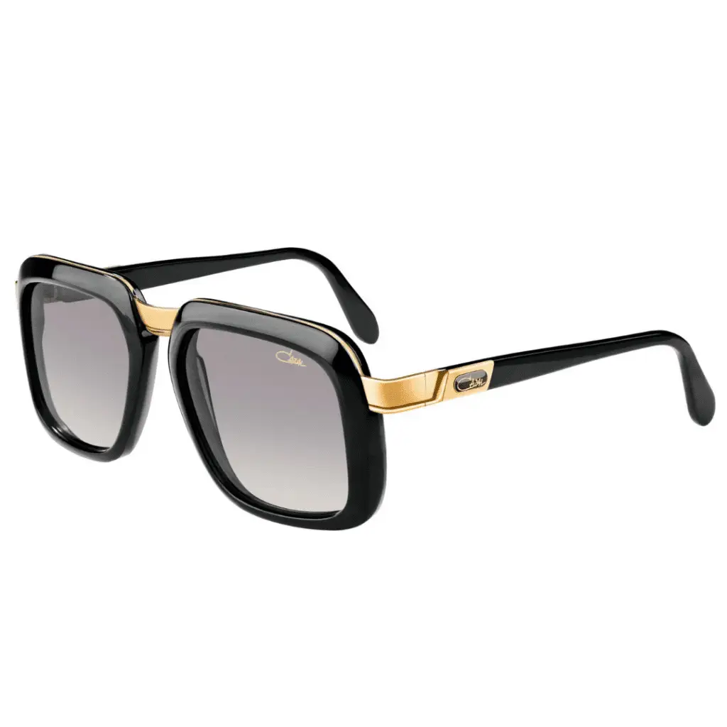 Schwarze Sonnenbrille mit goldenen Details.