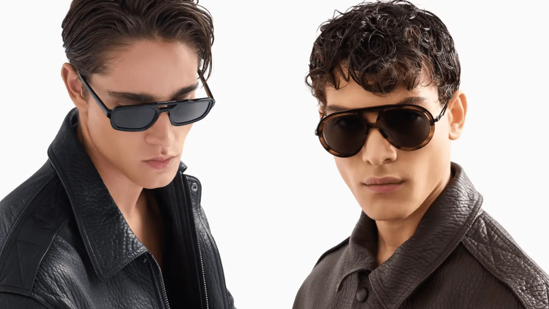 Zwei Männer in Emporio Armani Sonnenbrillen und Lederjacken.