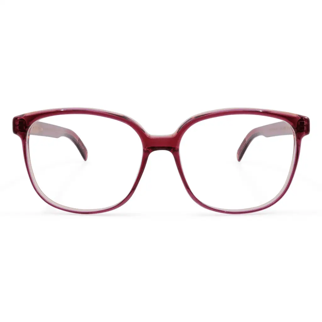 Rote Kunststoffbrille von Götti auf weißem Hintergrund.