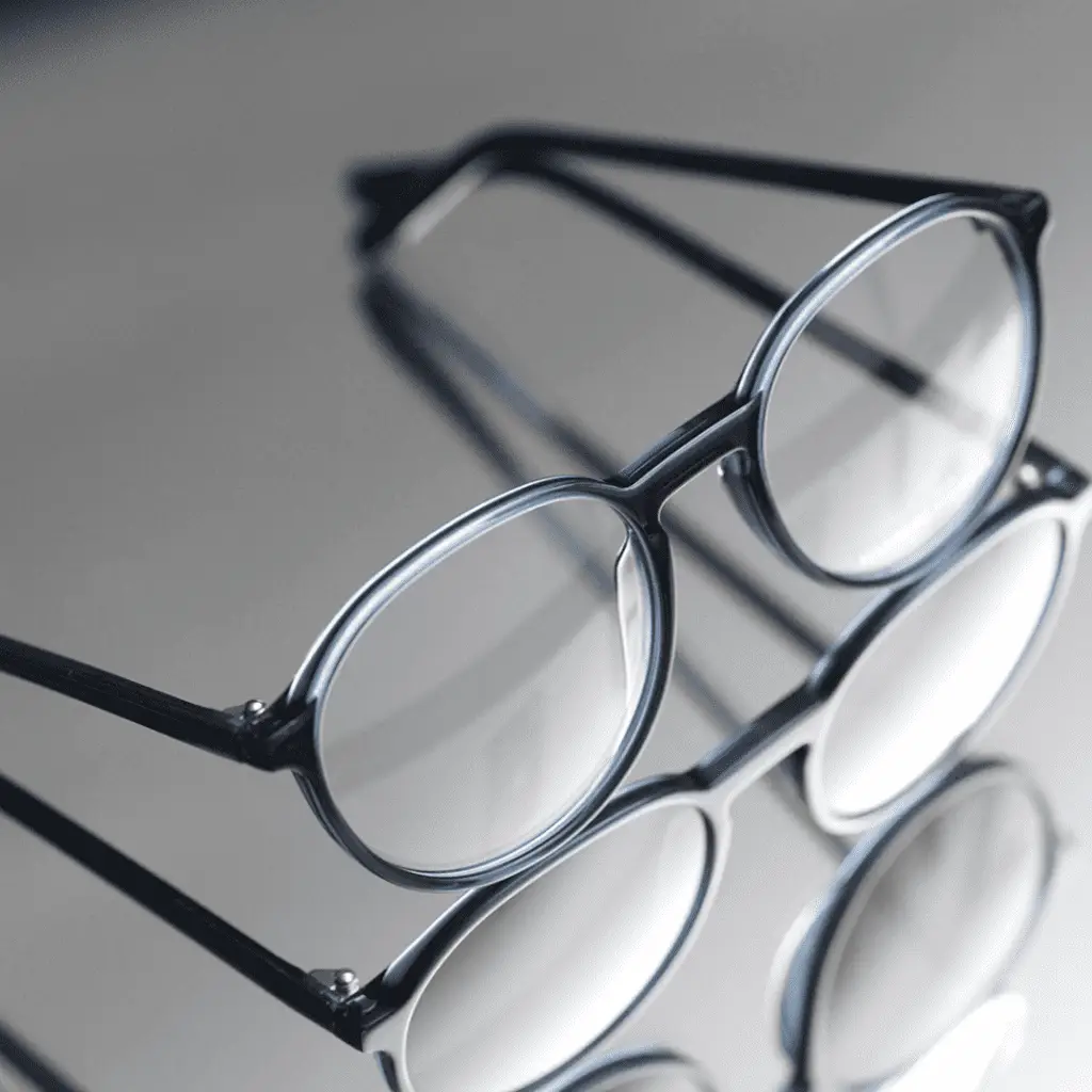 Blaue Brille von Hamburg Eyewear auf spiegelnder Oberfläche.