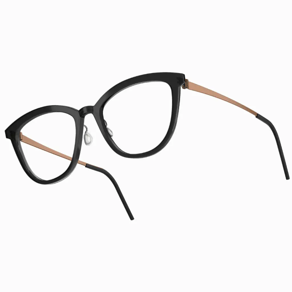 Schwarze Brille von Lindberg Acetanium mit goldenen Bügeln.